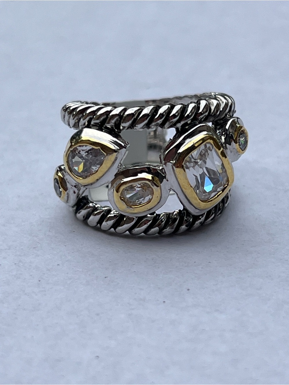 Cable Band Silver and Gold Two-Tone CZ Statement Ring size 6